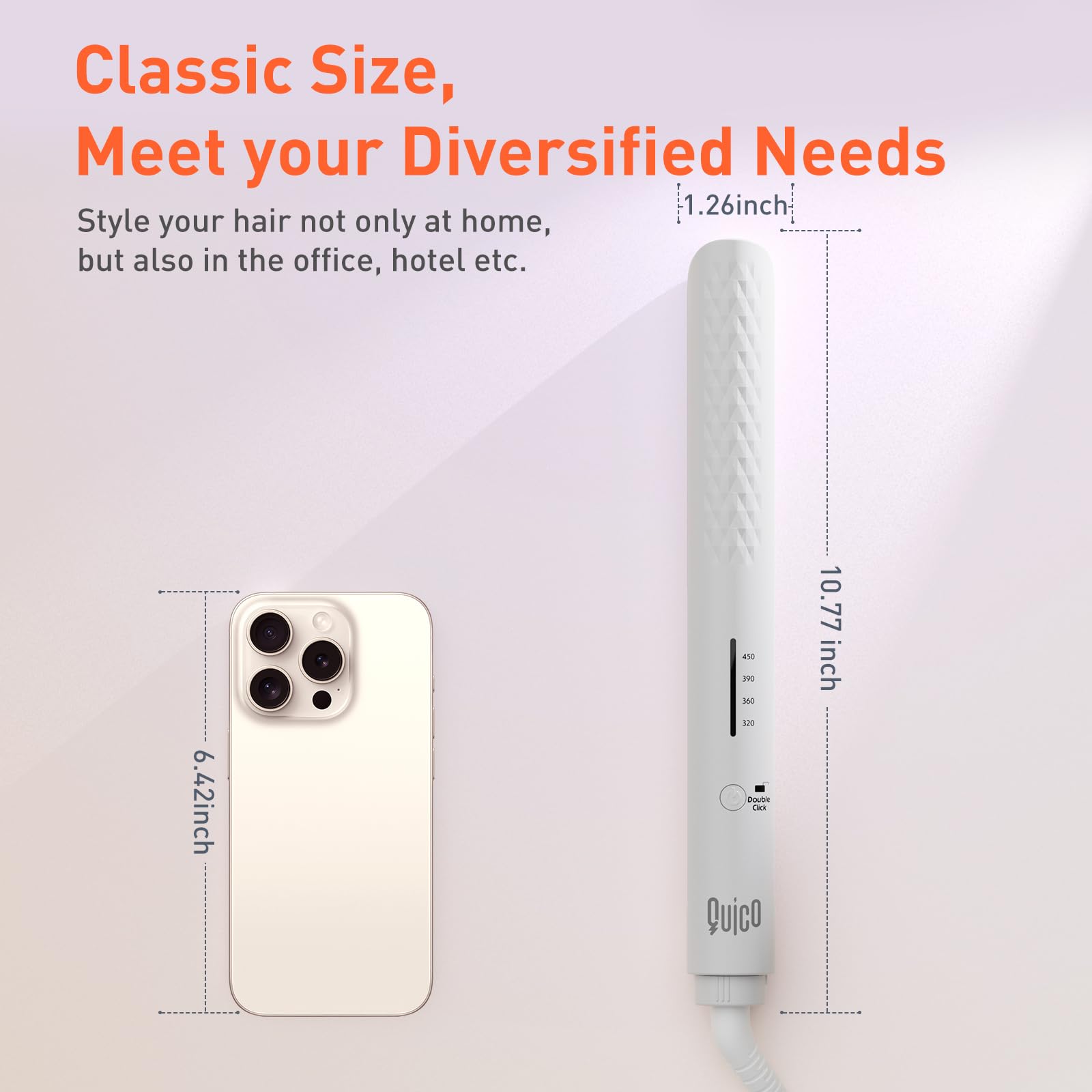 QUICO straightener temperature settings image illustrating 320–450°F range for versatile looks.
