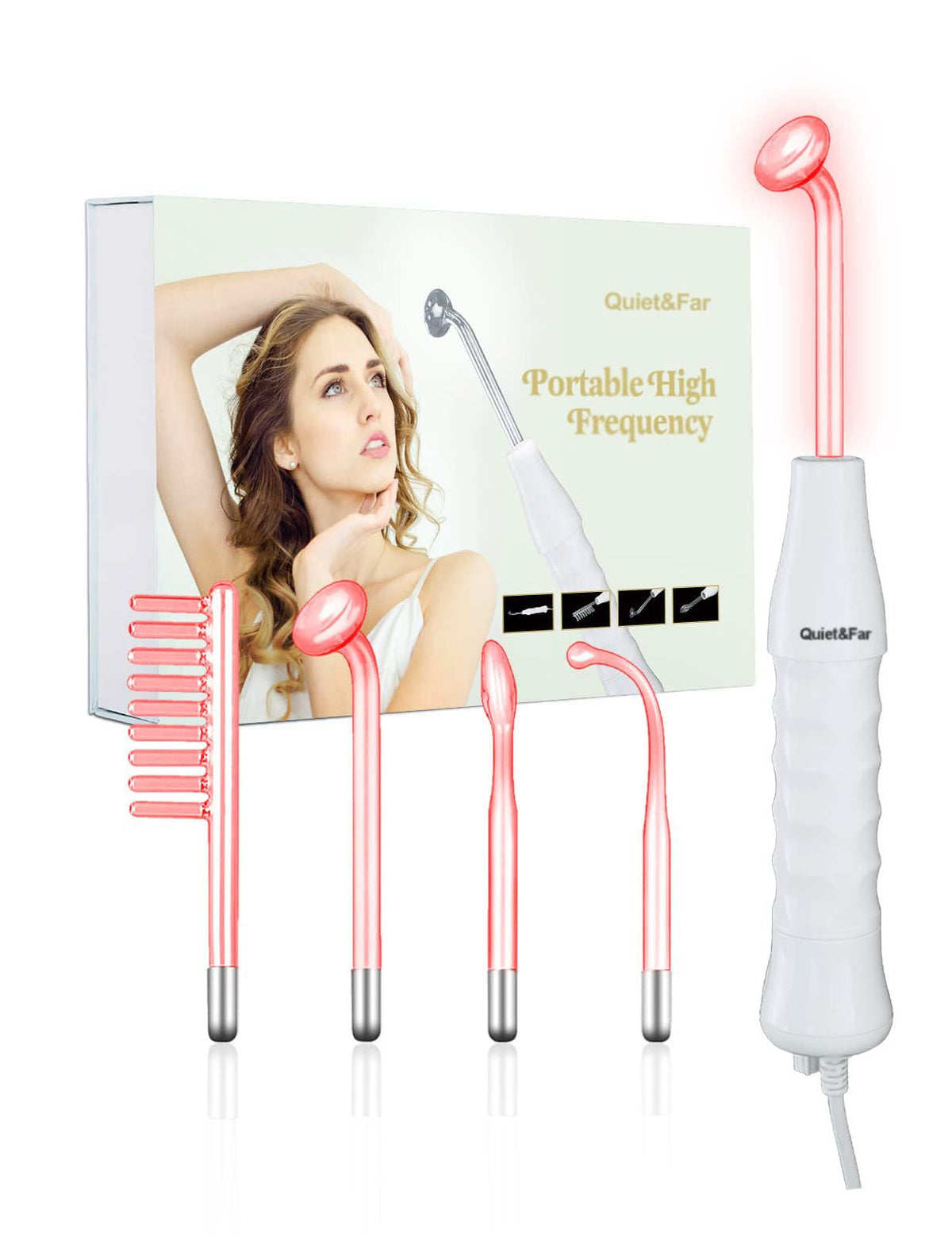 Quiet&Far high-frequency wand close-up with four tubes for targeted facial care.