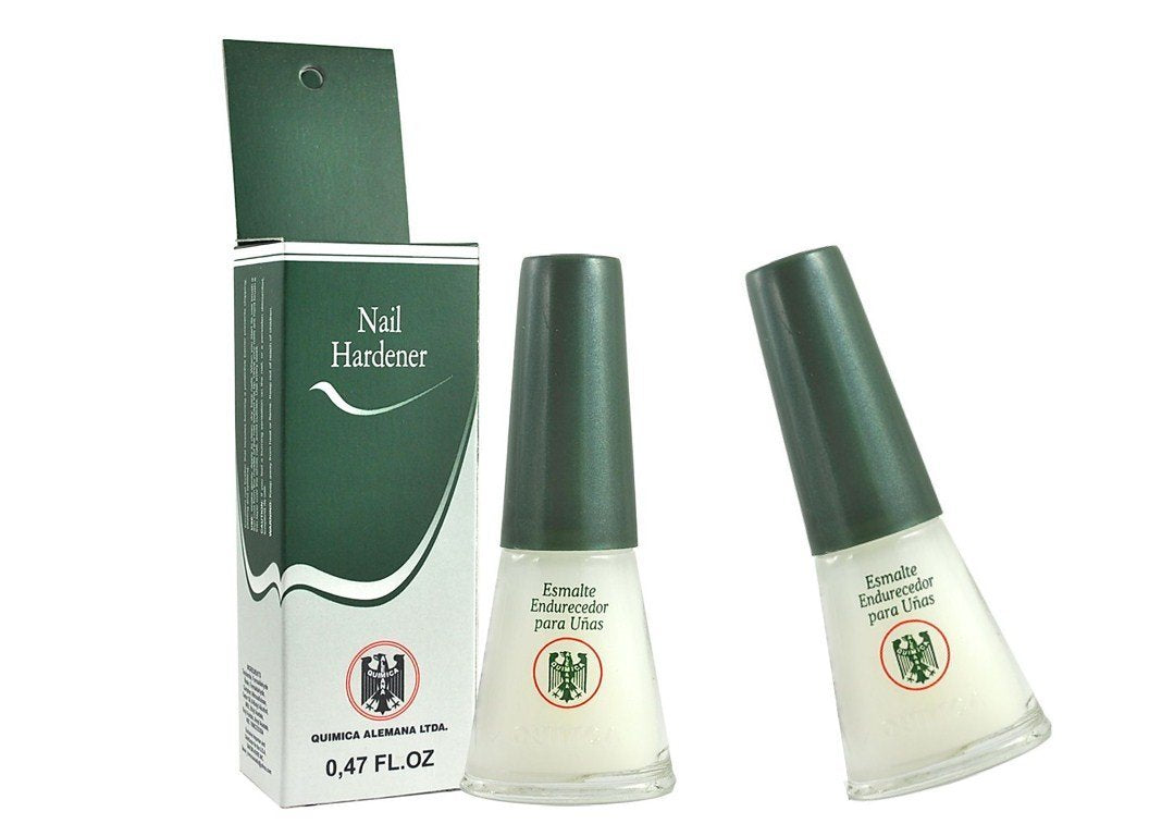 Química Alemana Nail Hardener bottle applying a thin coat to nails for stronger results.