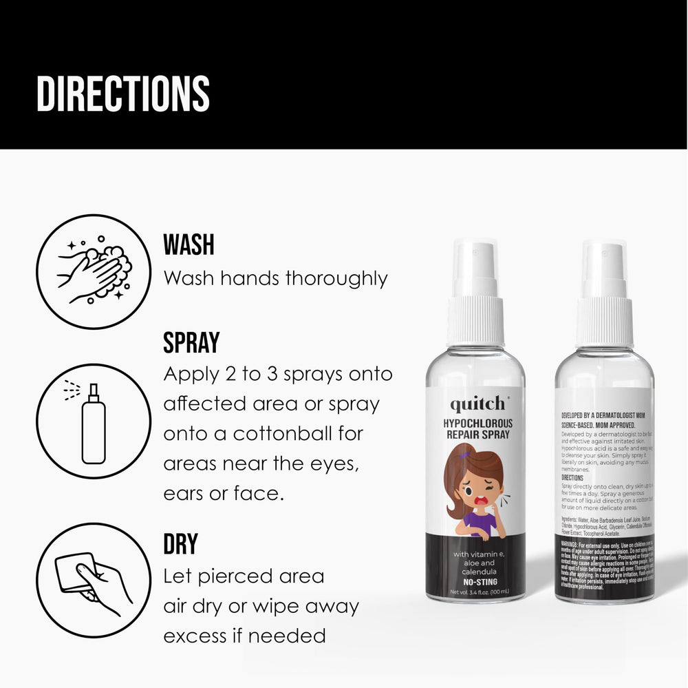 Quitch cartilage piercing care with mist application on fresh healing skin.