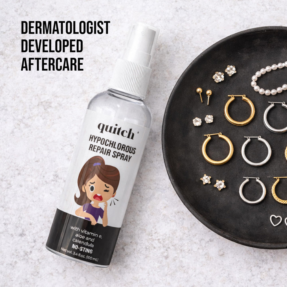 Quitch ear piercing cleaning in action demonstrating safe, non-irritating care.