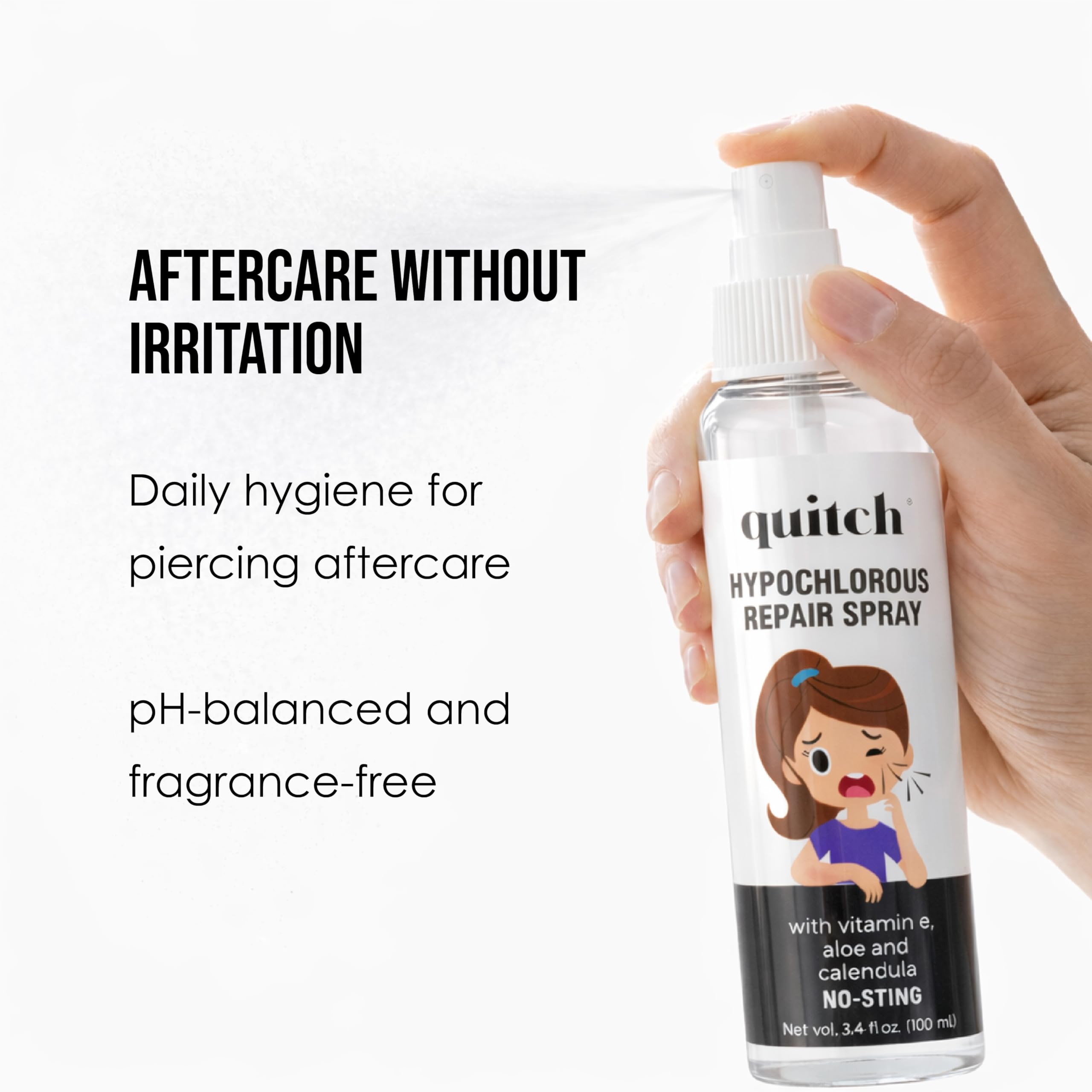 Quitch mist application demonstrates hands-free use for clean, irritation-free healing.