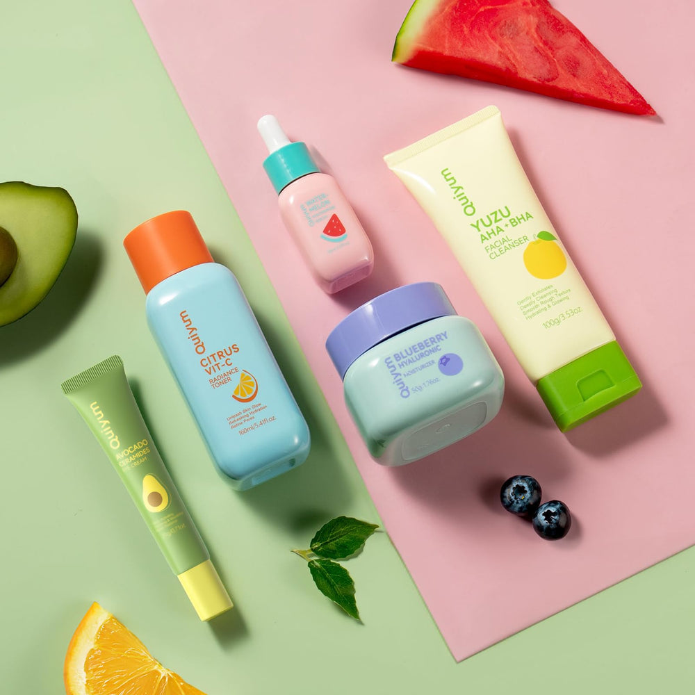 QUIYUM Fruit skincare ingredients closeup highlights natural extracts.