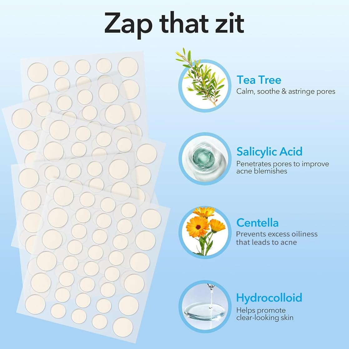QUSTERE round hydrocolloid patch blends with skin for quick spot coverage.