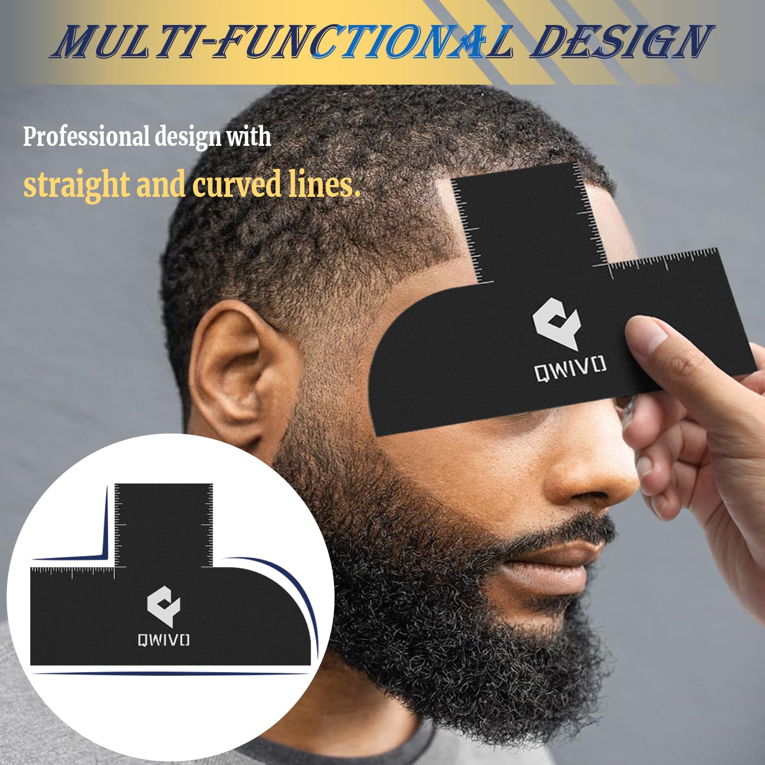 Qwivo barber card showing straight and curved lines for clean shape-ups.