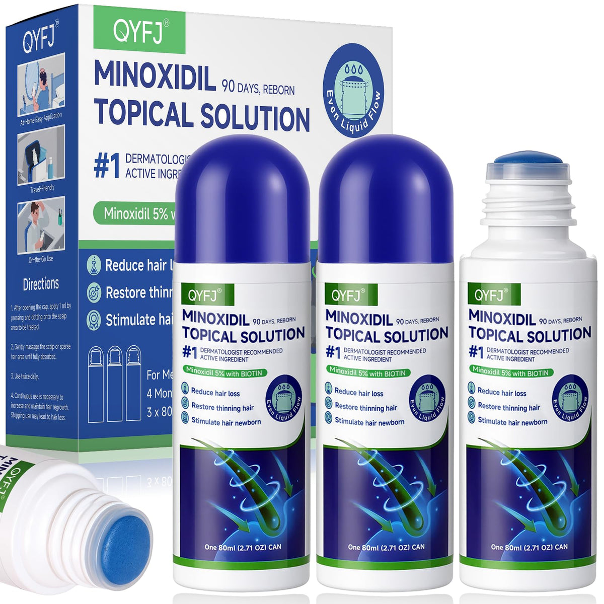 QYFJ 3-pack minoxidil bottle for hair and beard growth, compact and travel-ready.