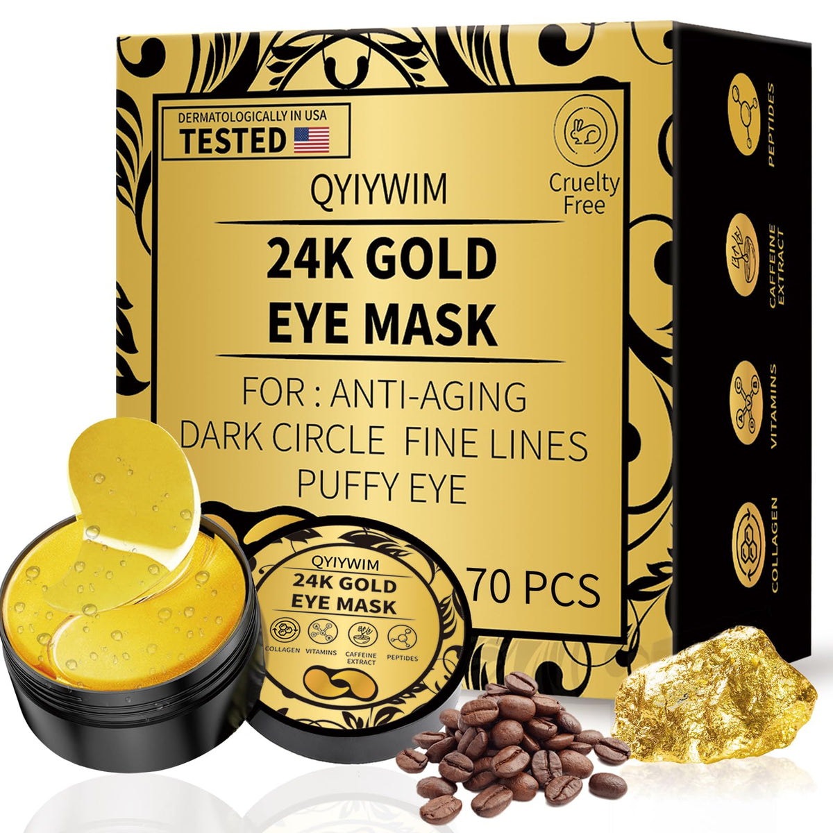 Parches de ojos Qyiywim 24K oro para reducir ojeras e hinchazón.