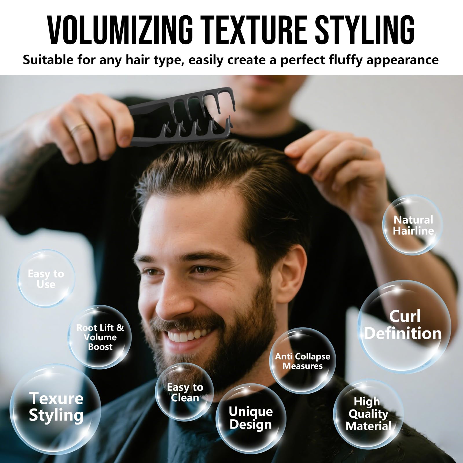 Qyubov Texture Comb demonstrates fluffy texture styling for volume.