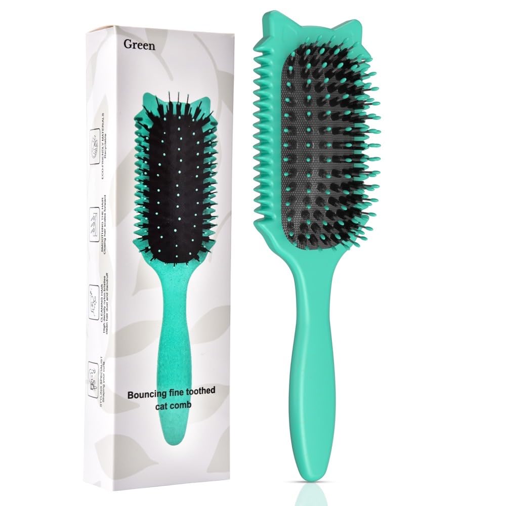 QYuekar curl defining brush with cat-head design in green for defined curls