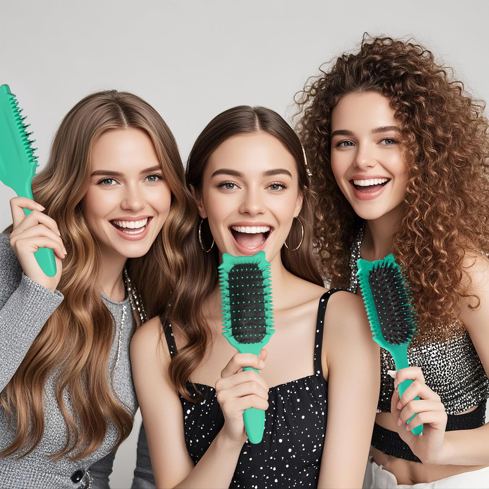 QYuekar curl brush cat-head design in green side view for volume