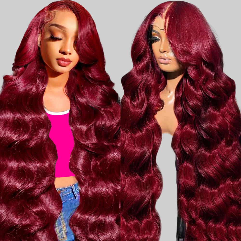 QZOQZO 99J burgundy lace front wig closeup showing natural hairline and silky texture for daily wear.