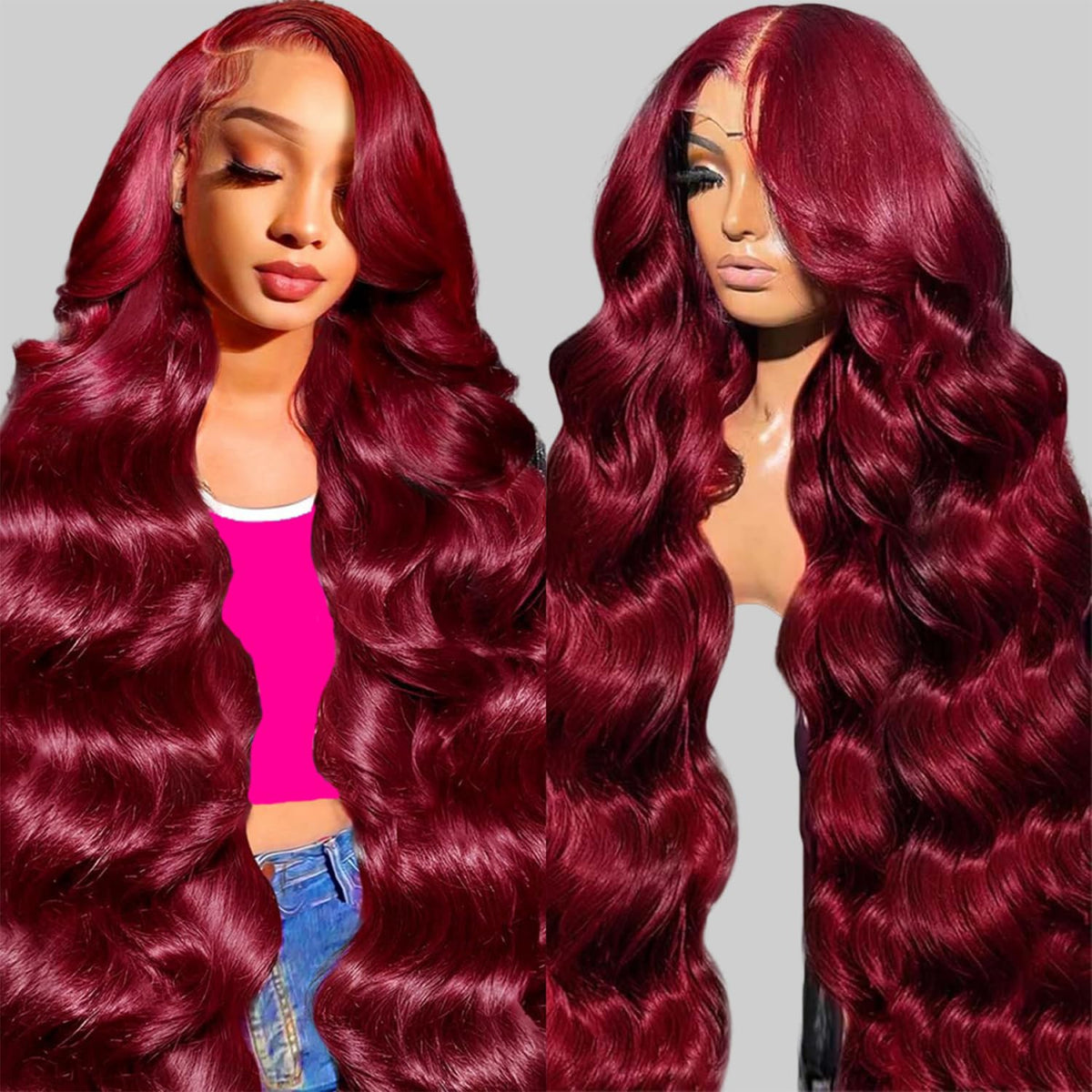 QZOQZO 99J burgundy lace front wig closeup showing natural hairline and silky texture for daily wear.