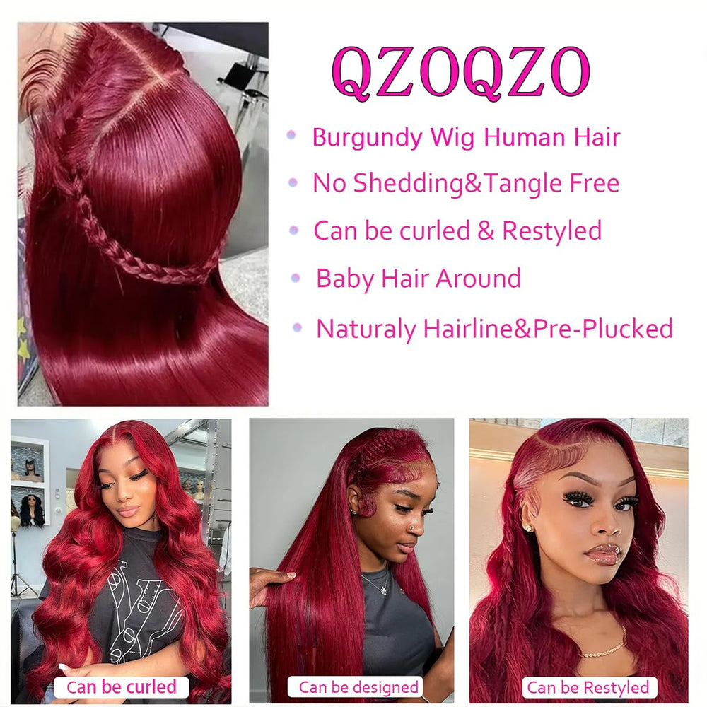 QZOQZO burgundy body wave hair closeup showcasing depth, shine, and easy styling.