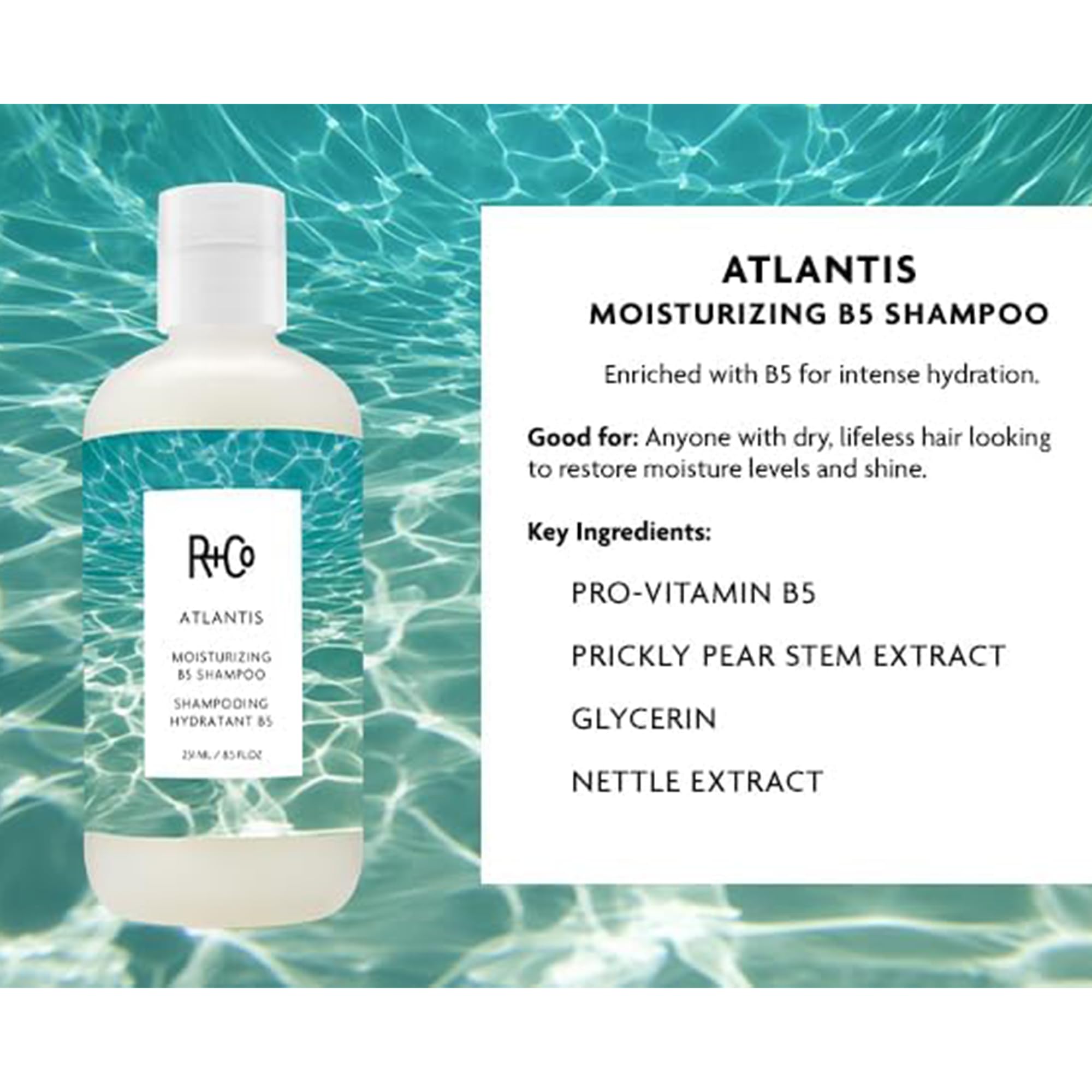 R+Co Atlantis shampoo lather suggests rich cleansing for smoother, more manageable hair