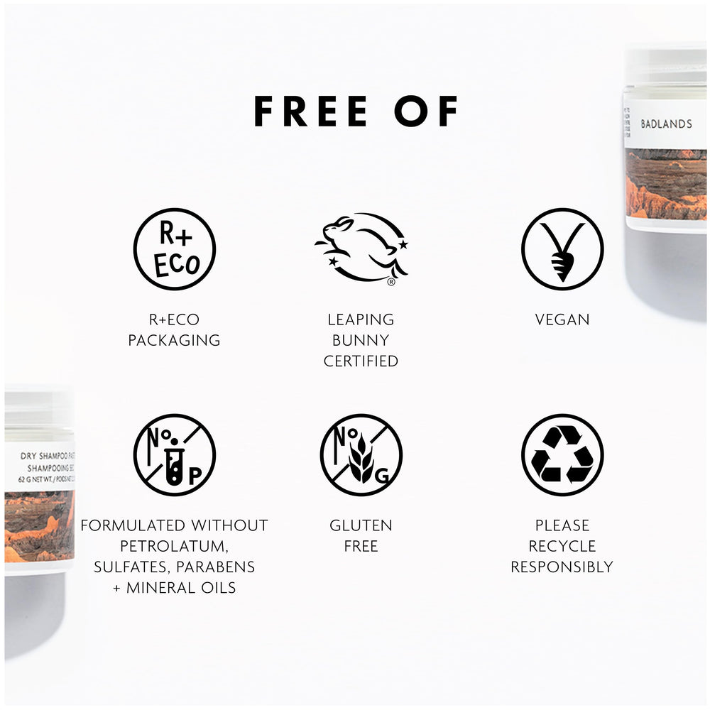 R+Co Badlands ingredients closeup features volcanic ash, coconut oil, argan oil