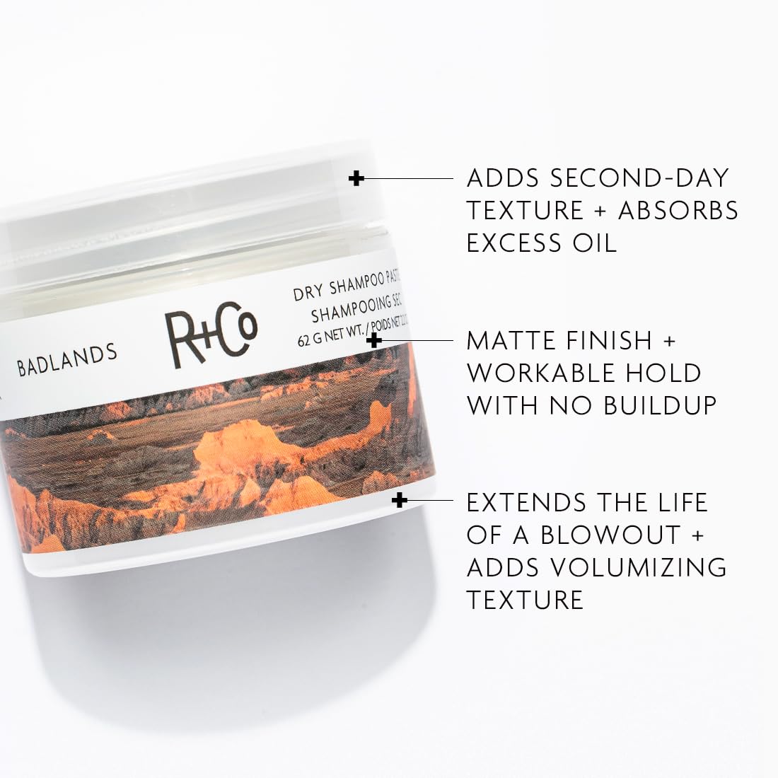 R+Co Badlands texture application shot highlights easy-to-work paste for matte, reworkable hold