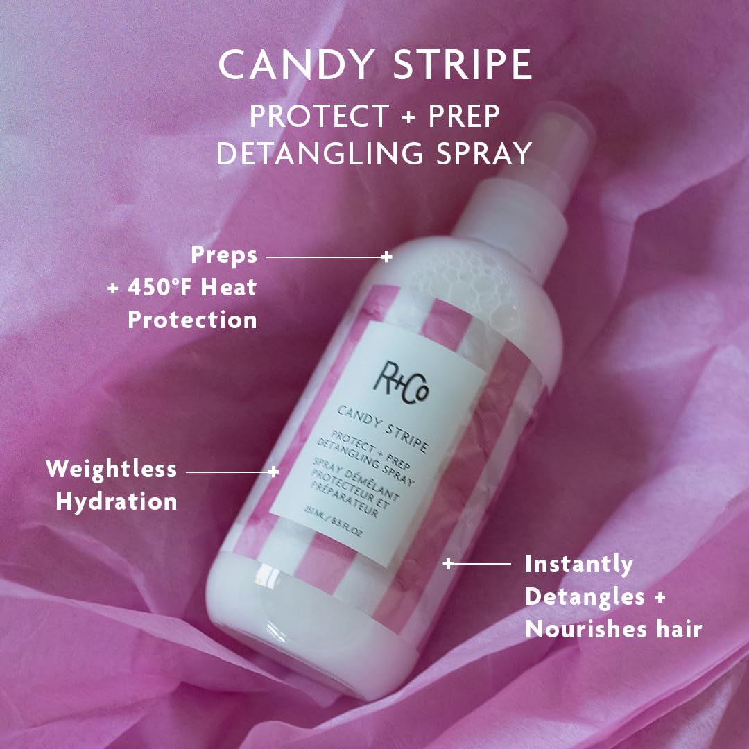 R+Co Candy Stripe Detangling Spray applied to hair for smooth manageability.
