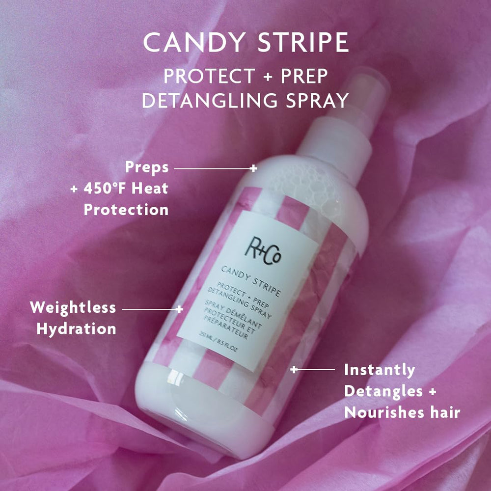 R+Co Candy Stripe Detangling Spray applied to hair for smooth manageability.