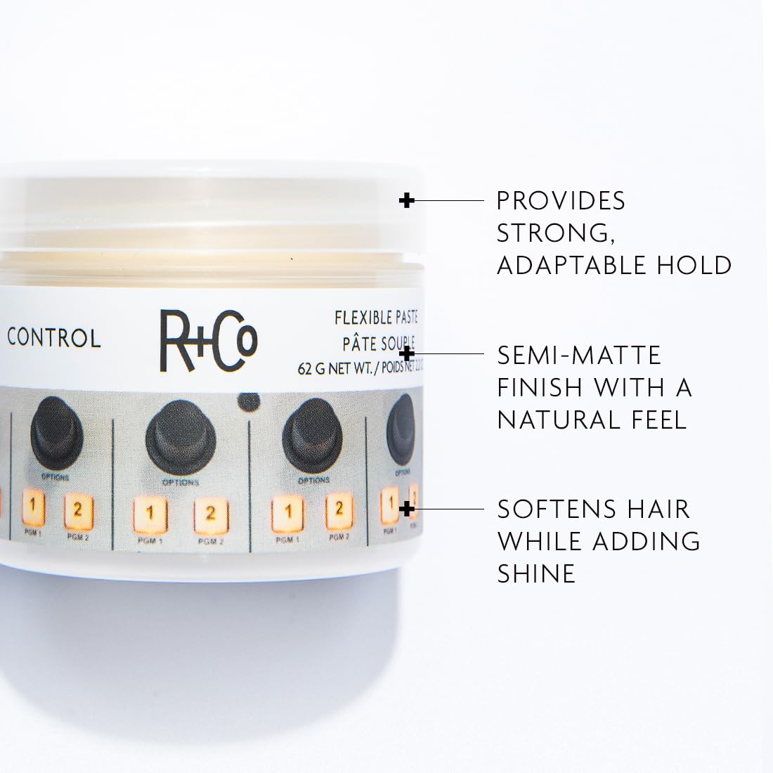 R+Co Control Flexible Paste texture demonstrated on fingers for medium hold.