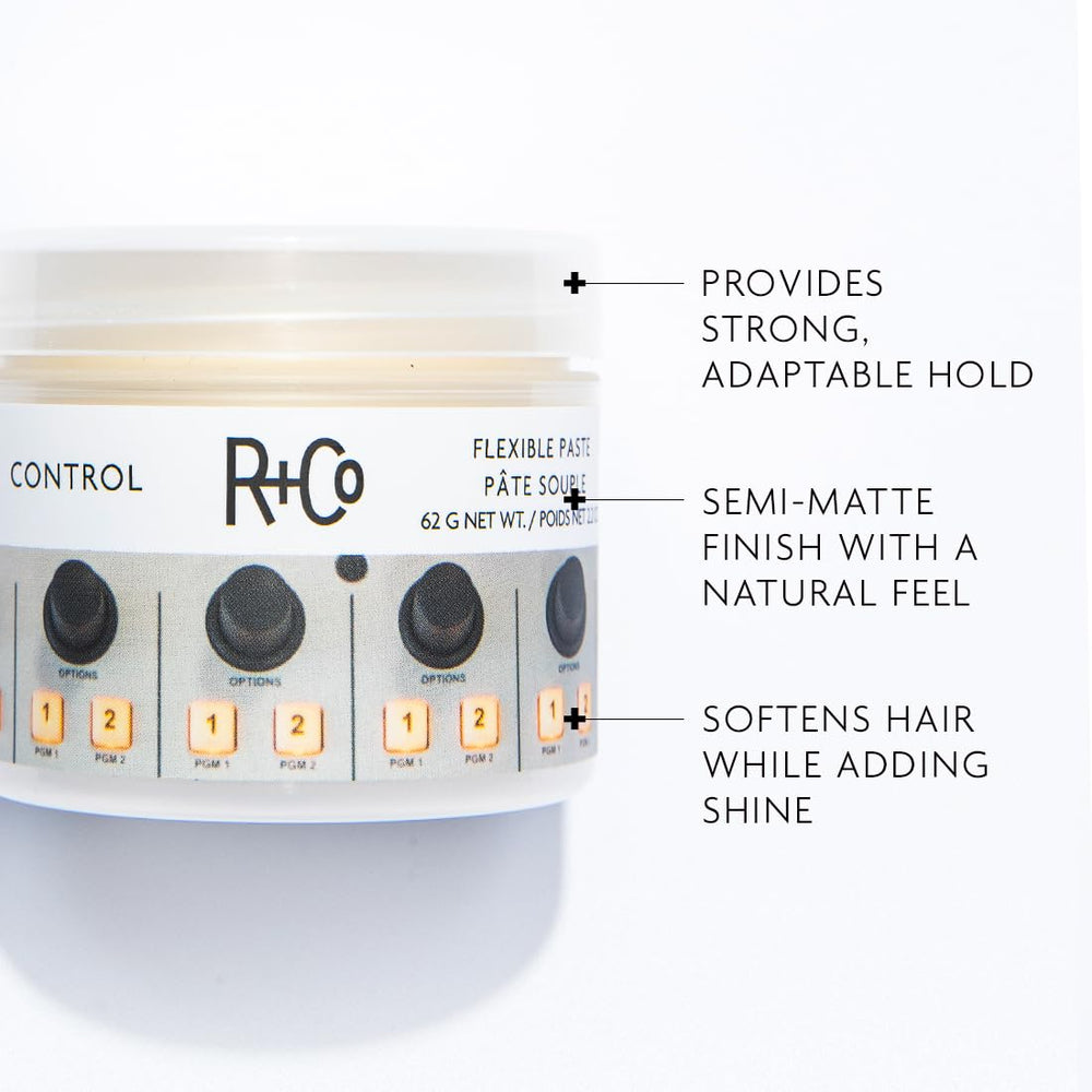 R+Co Control Flexible Paste texture demonstrated on fingers for medium hold.