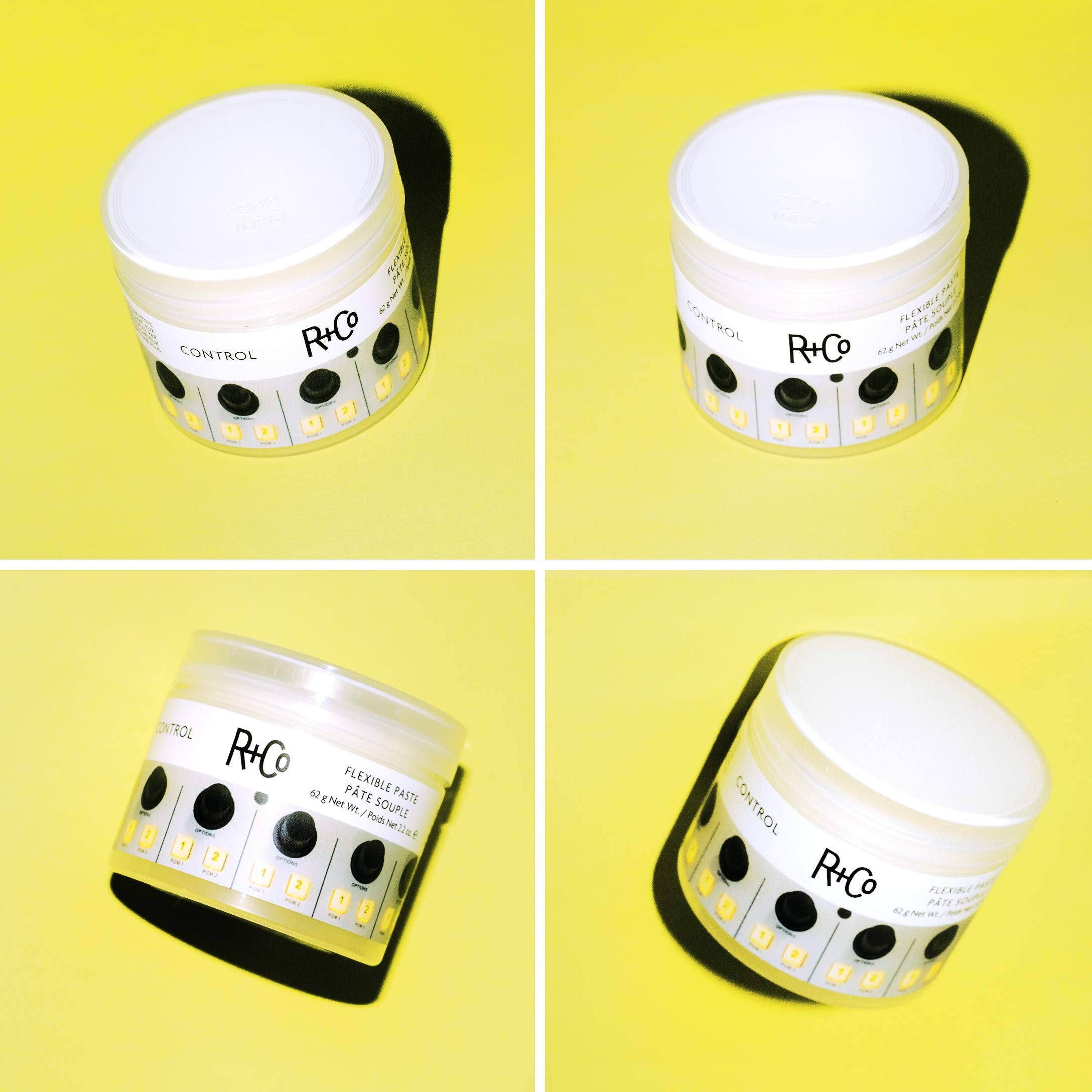 Travel-size 2.2 oz bottle of R+Co Control Flexible Paste for quick hold.