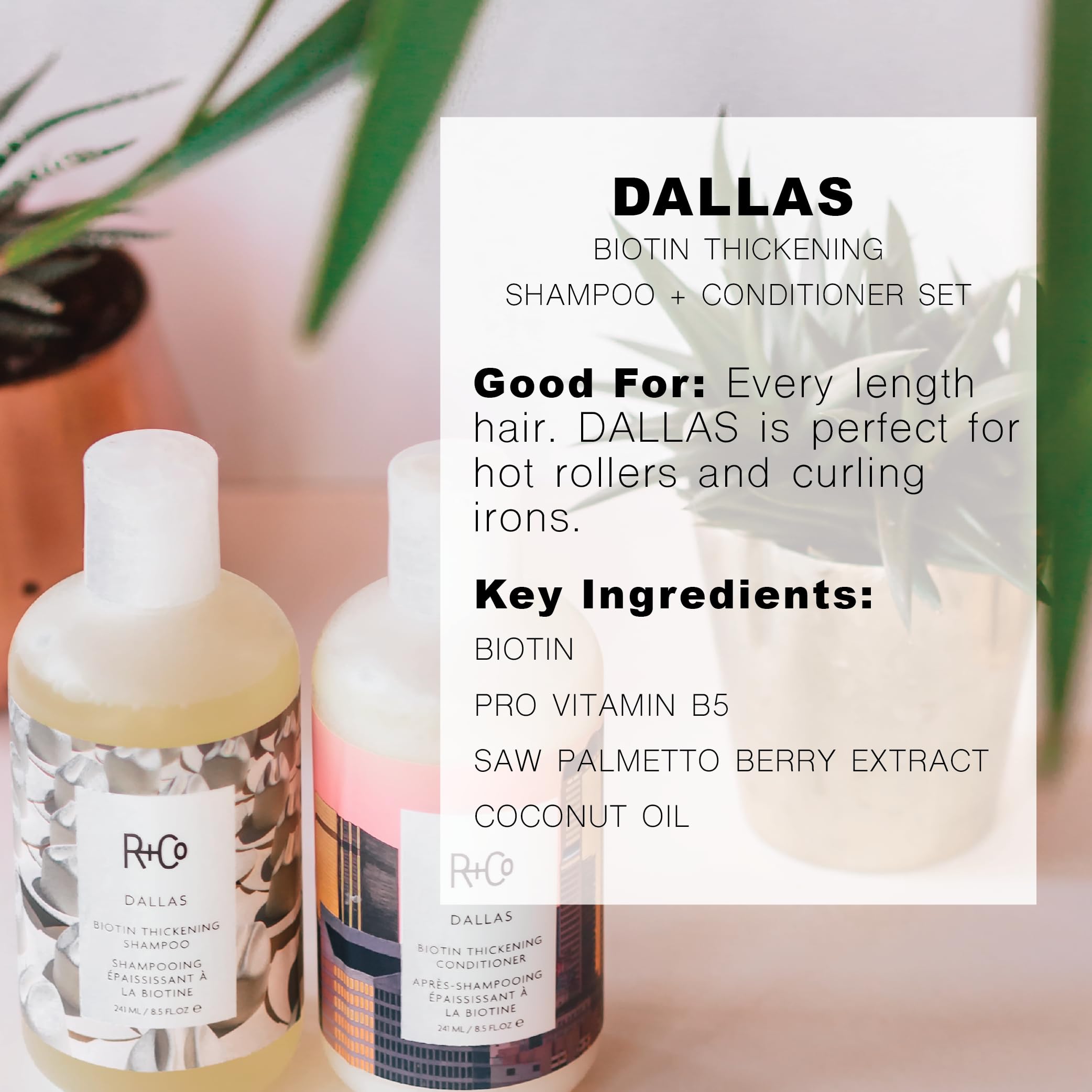 R+Co Dallas Biotin conditioner travel bottle ideal for quick detangling and hydration.