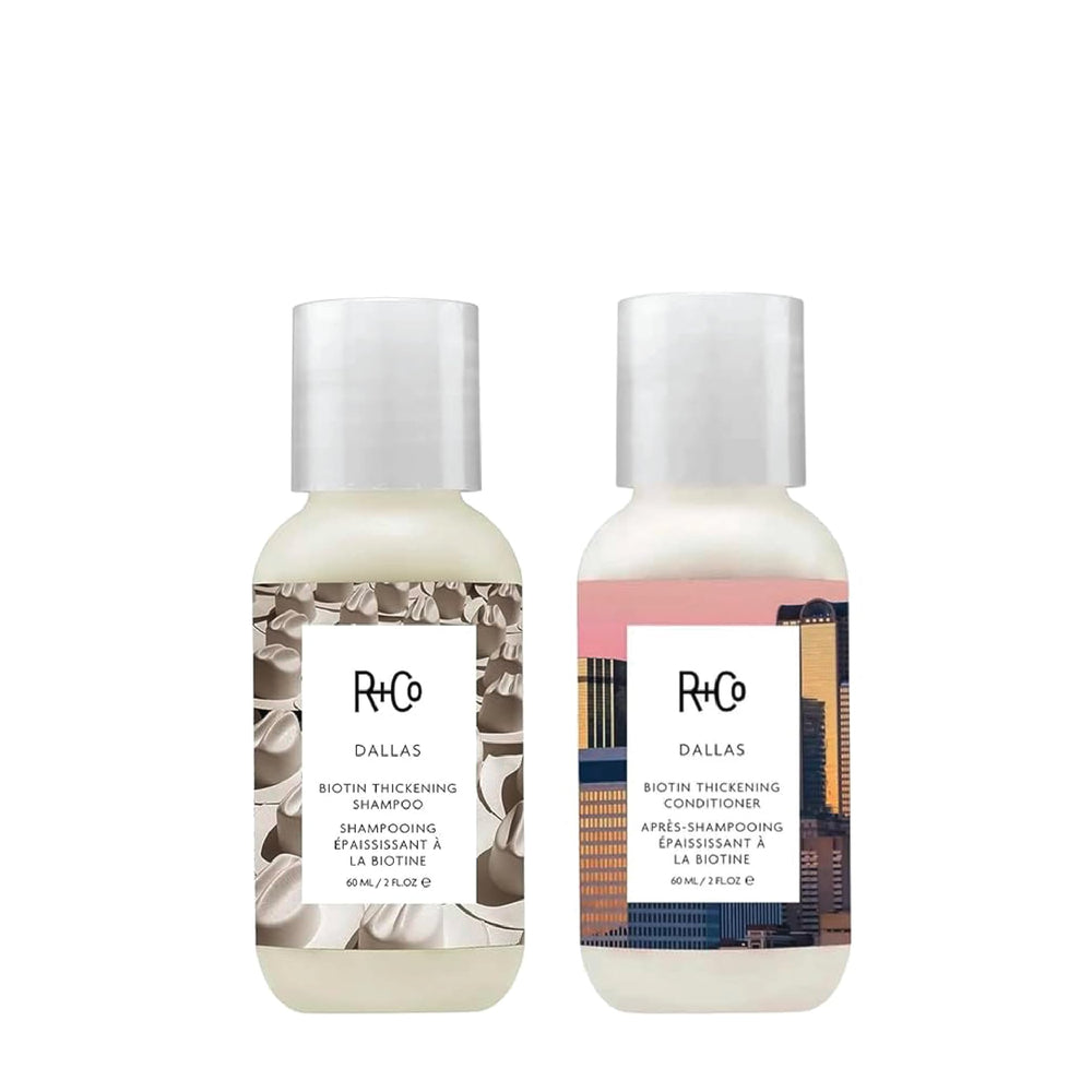 R+Co Dallas Biotin shampoo travel bottle for on-the-go styling and portability.