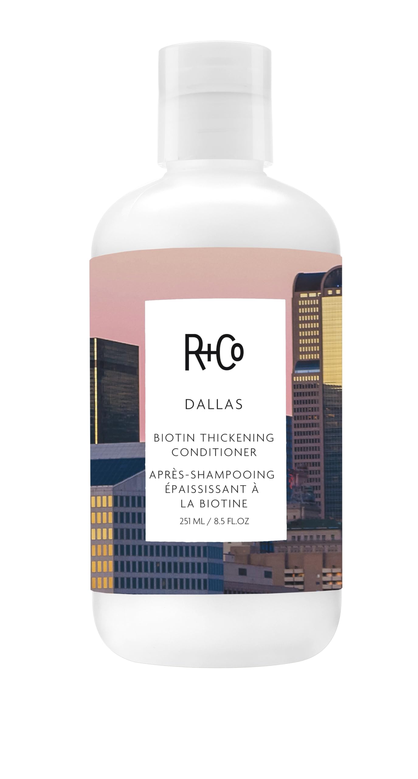 R+Co Dallas Biotin Thickening Conditioner bottle boosts volume and shine
