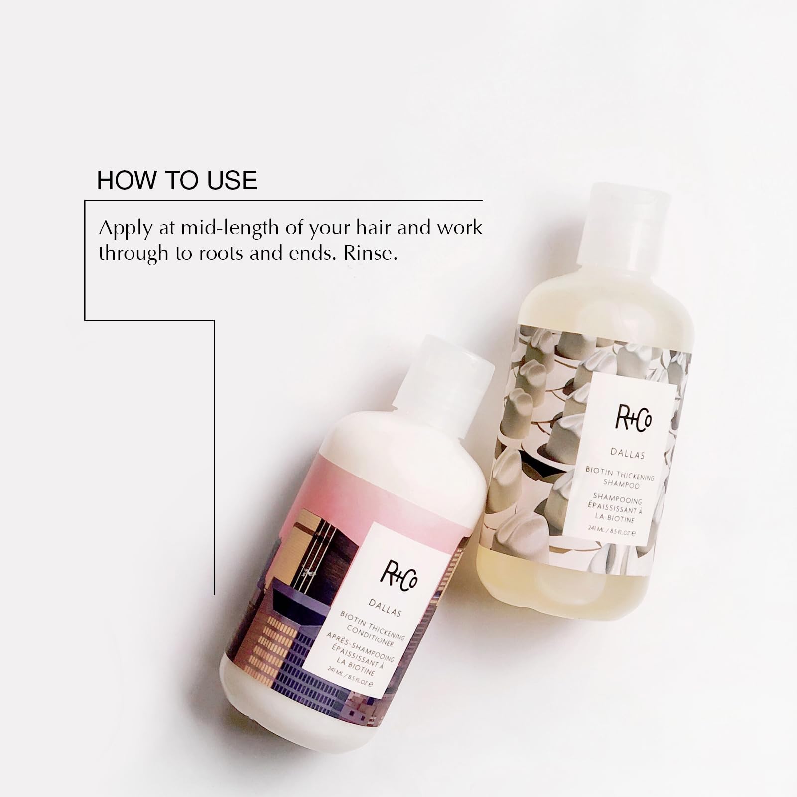 R+Co Dallas Biotin Thickening Conditioner bottle provides weightless fullness