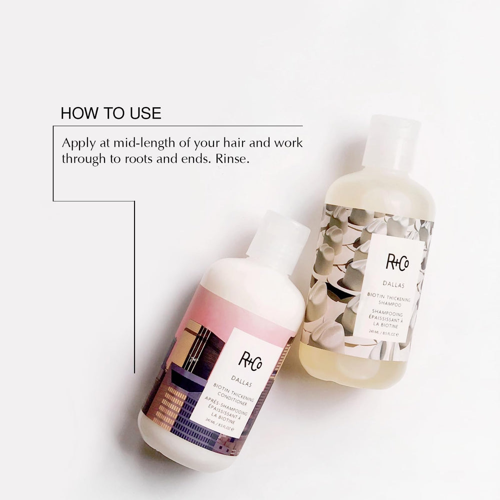 R+Co Dallas Biotin Thickening Conditioner bottle provides weightless fullness