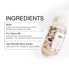 R+Co Dallas Biotin Thickening Conditioner label highlights cruelty-free ingredients