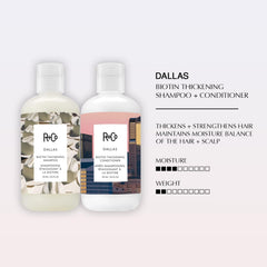 R+Co Dallas Biotin Thickening Shampoo label highlights vegan, sulfate-free formula