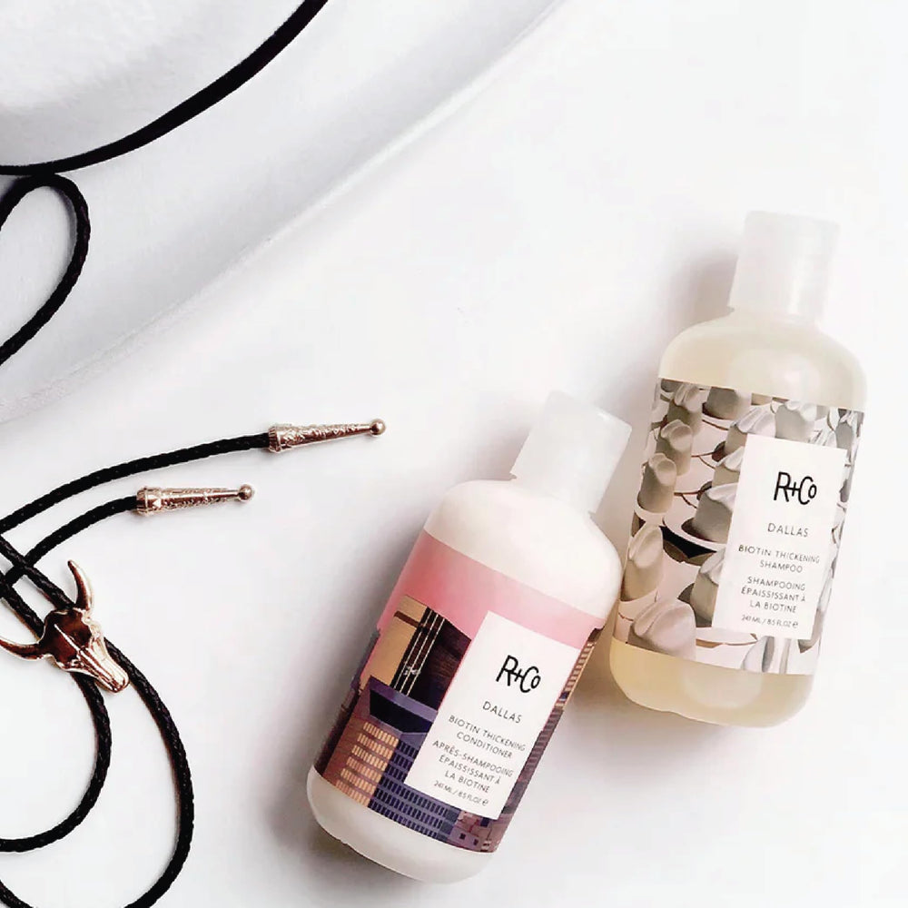 R+Co Dallas Biotin vegan cruelty-free logo on packaging signals ethical choice.