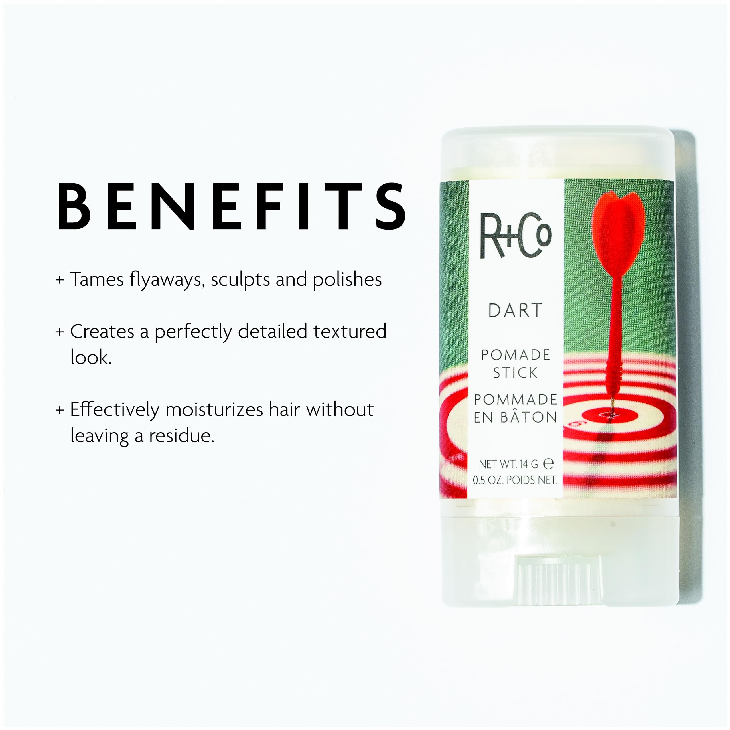 R+Co Dart Hair Wax Stick taming flyaways for a polished look