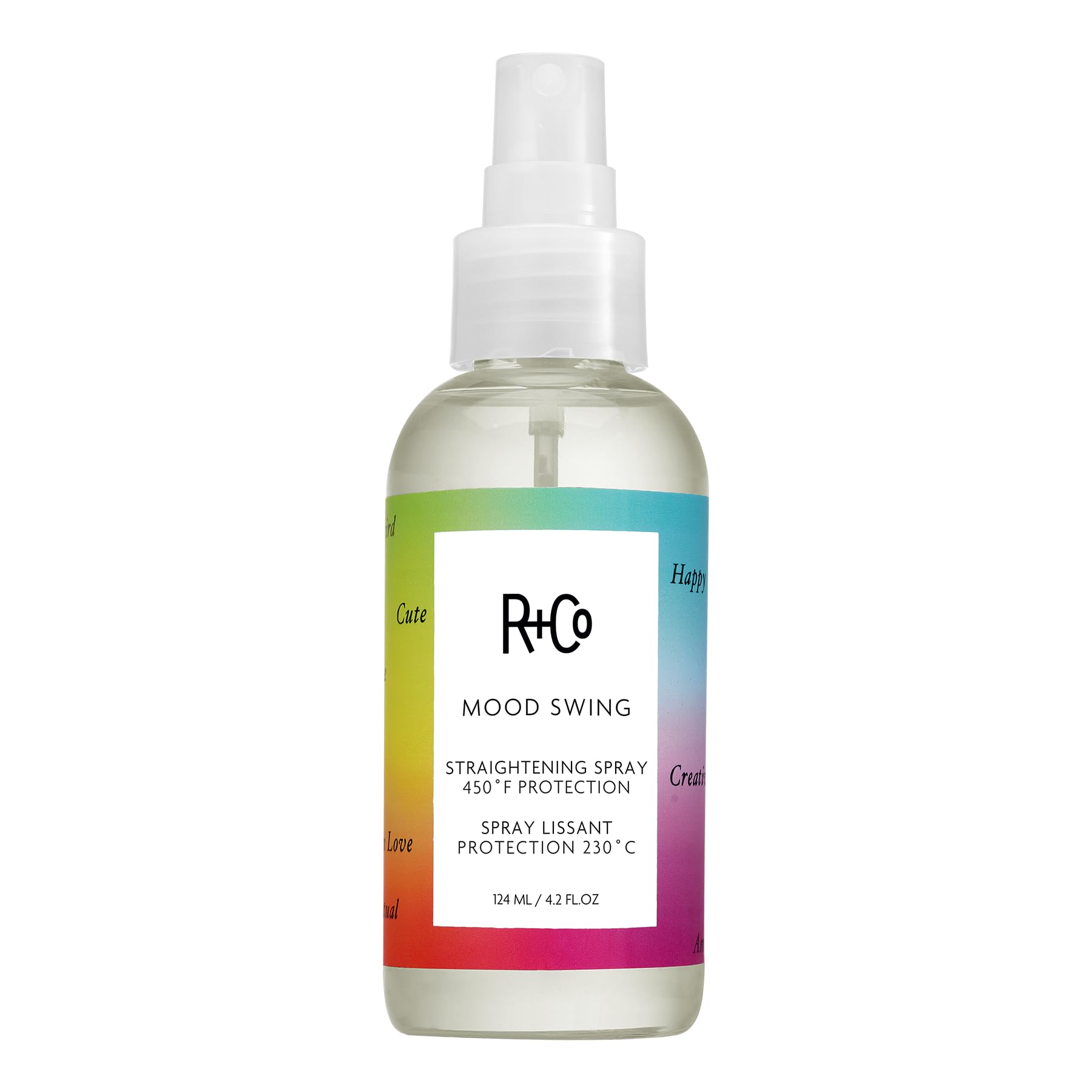 R+Co Mood Swing Straightening Spray bottle shows heat-activated shine and humidity protection.