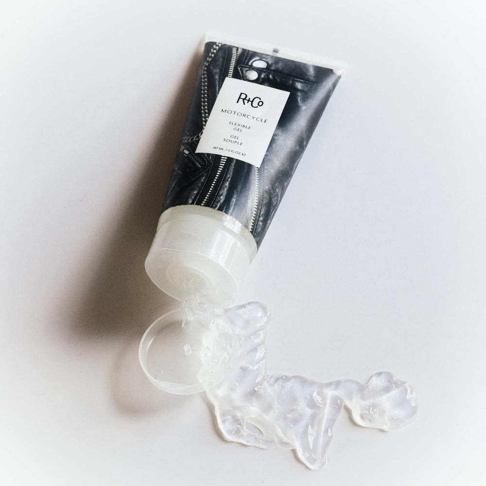 R+Co Motorcycle Flexible Gel applied to damp hair for long-lasting control and shine