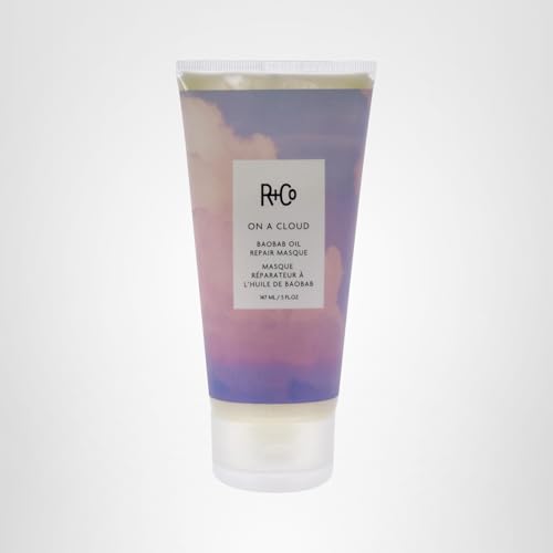Hero shot of R+Co On A Cloud Baobab Oil Repair Masque in premium packaging