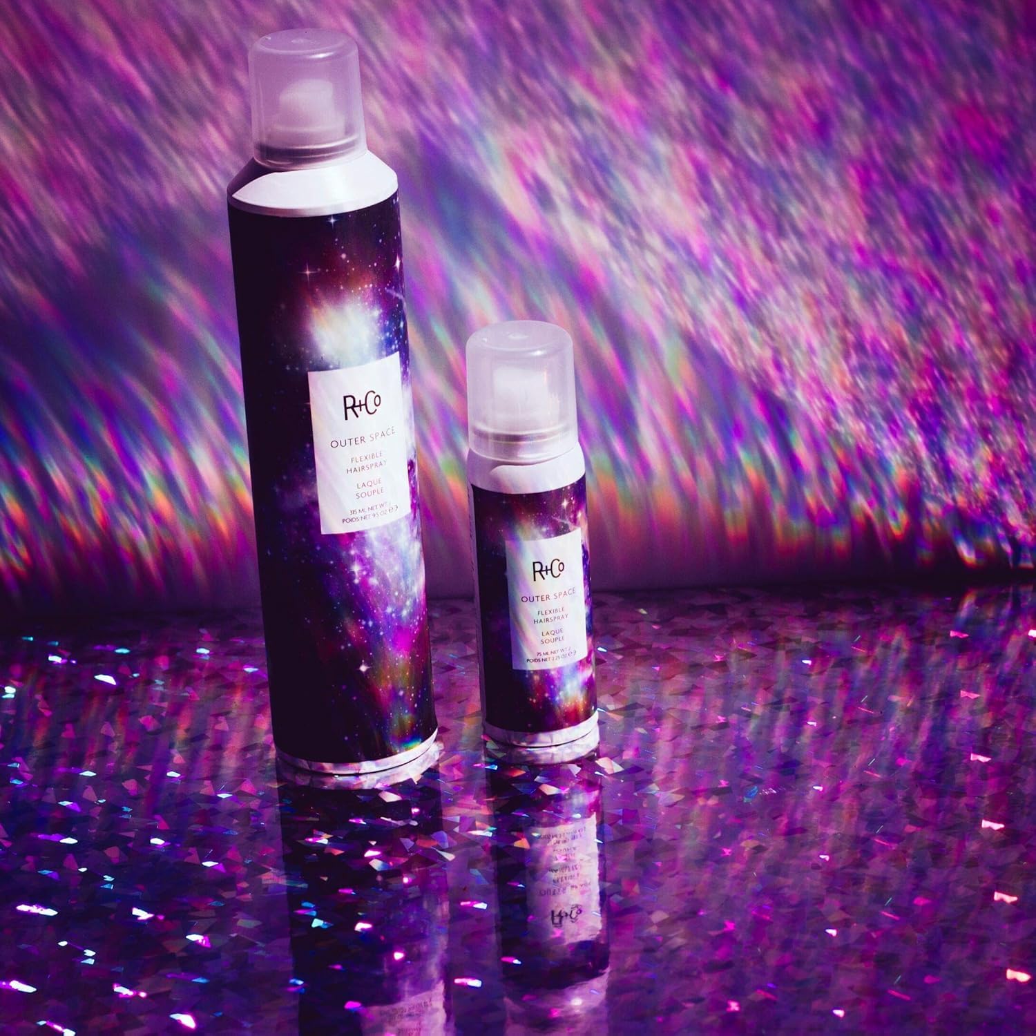 R+Co Outer Space Light Hair Spray with curling iron for defined waves