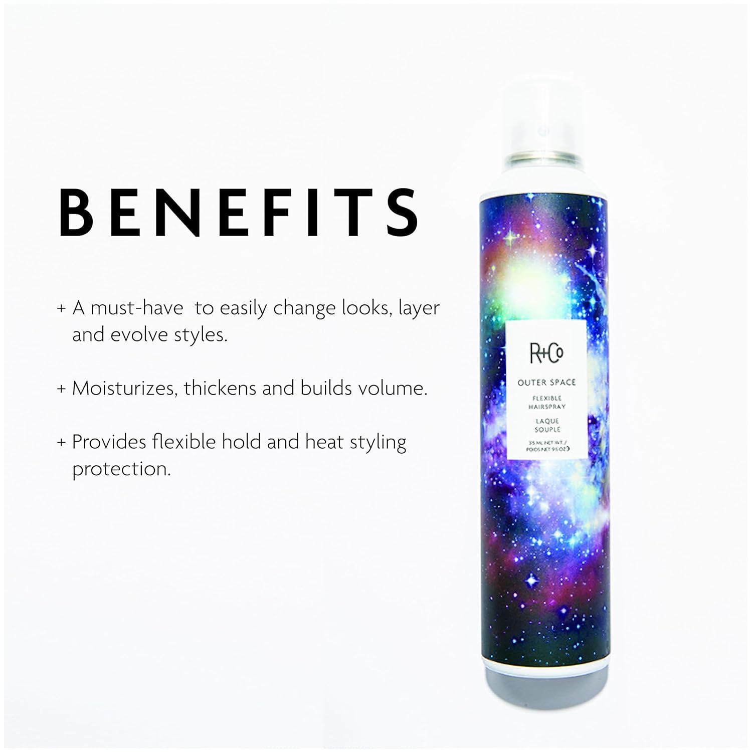 R+Co Outer Space Light Hair Spray mist in mid-air for smooth, flexible hold
