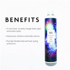 R+Co Outer Space Light Hair Spray mist in mid-air for smooth, flexible hold