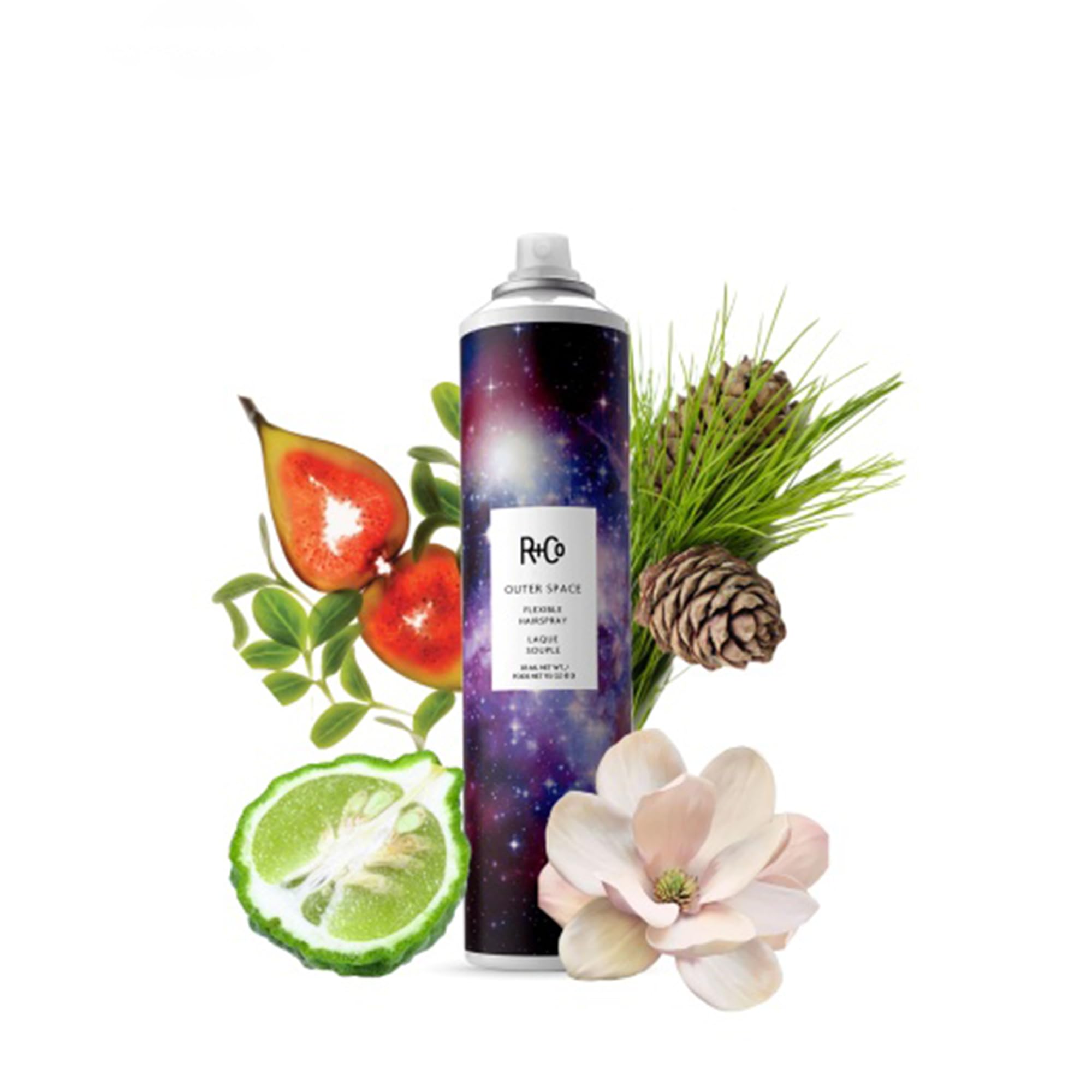 R+Co Outer Space Light Hair Spray on ponytail for all-day hold