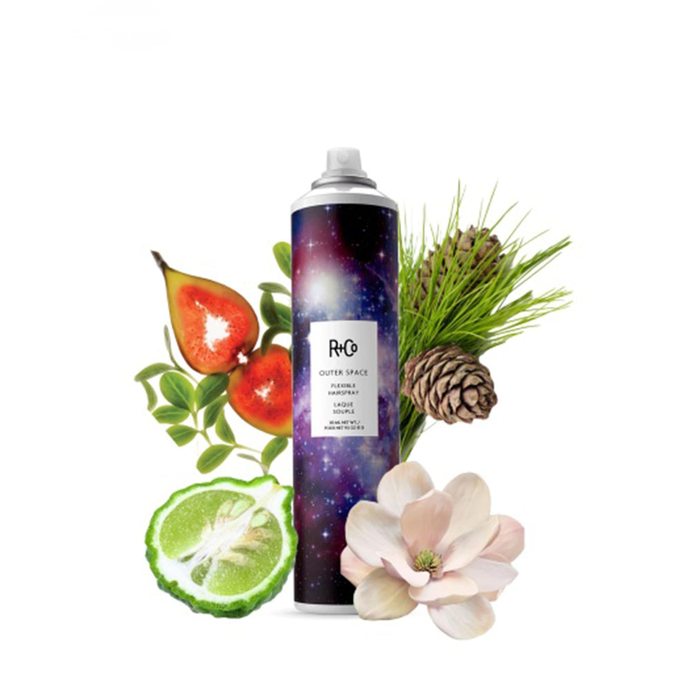 R+Co Outer Space Light Hair Spray on ponytail for all-day hold