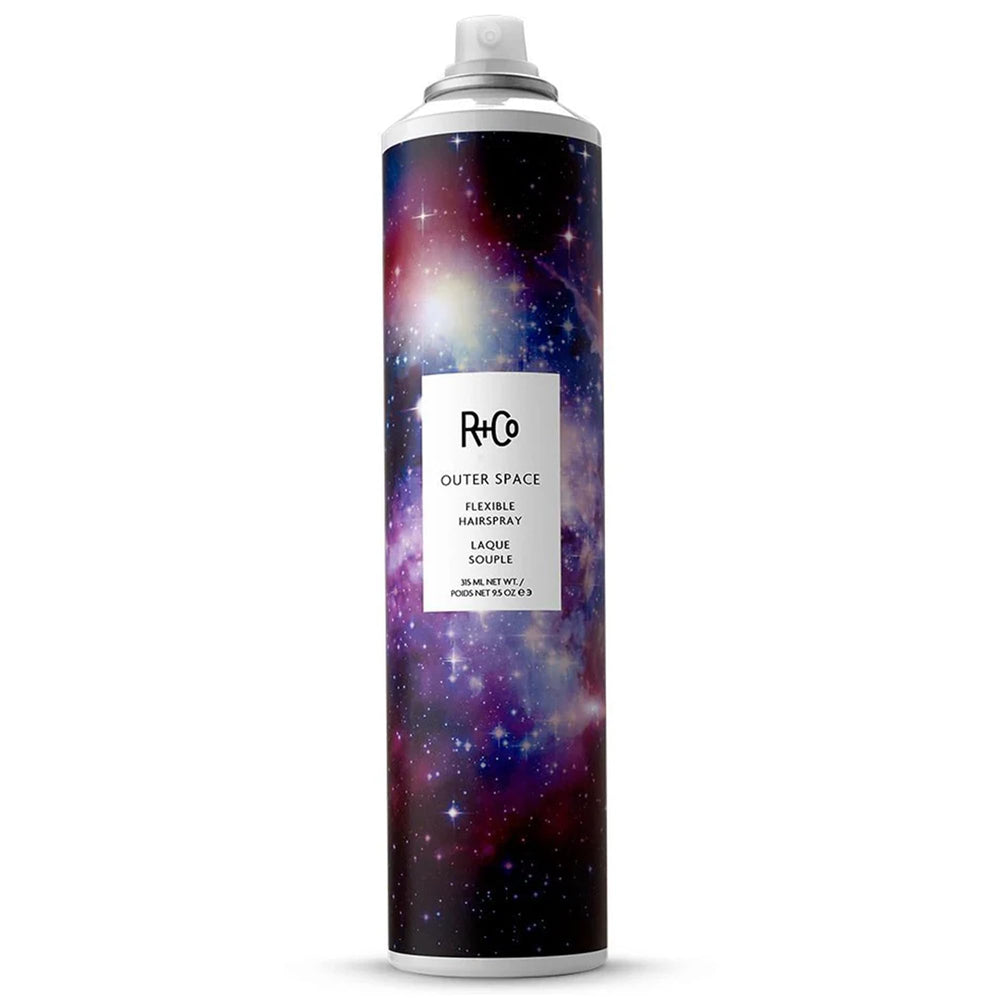 R+Co Outer Space Light Hair Spray bottle with unscented formula for versatile styling