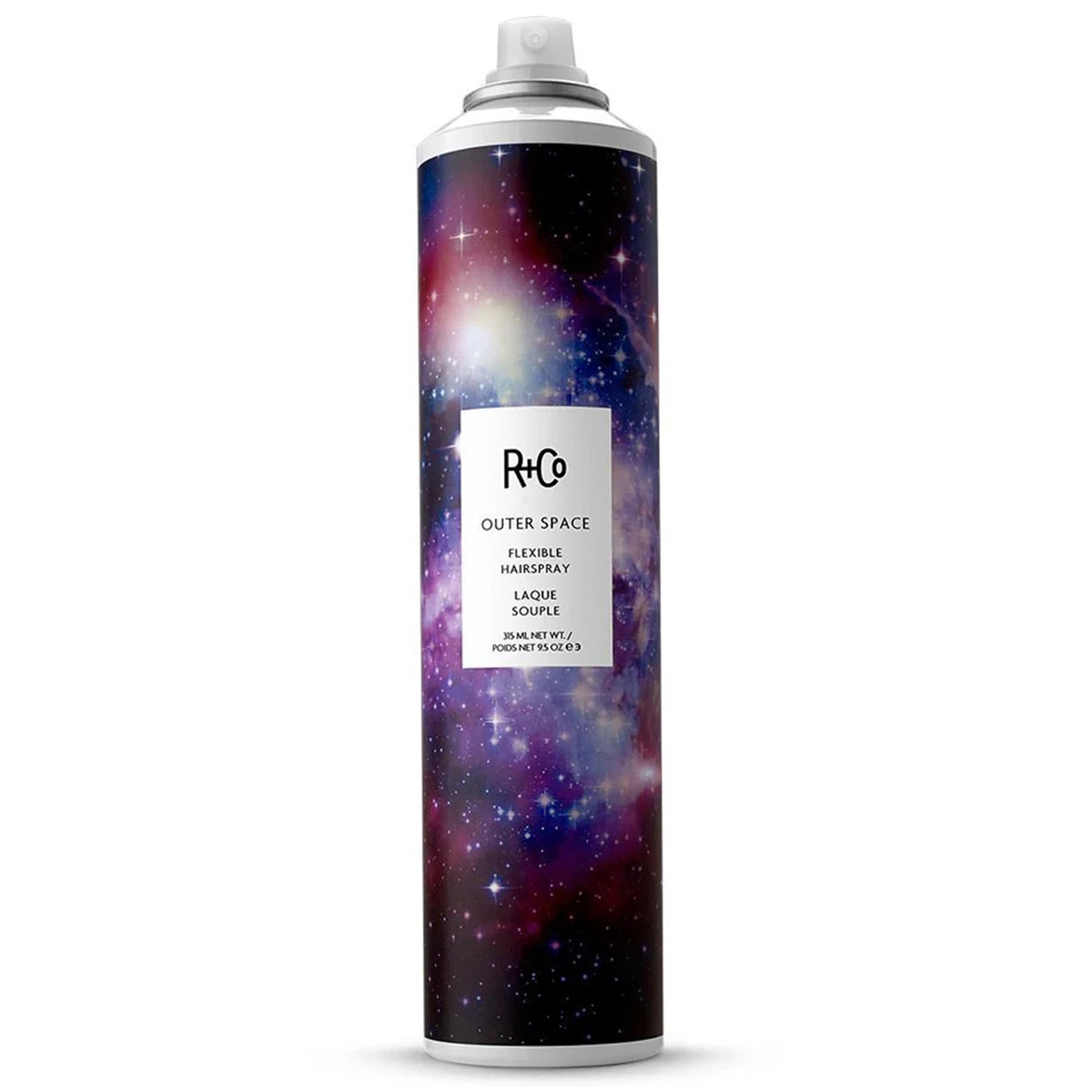 R+Co Outer Space Light Hair Spray bottle with unscented formula for versatile styling