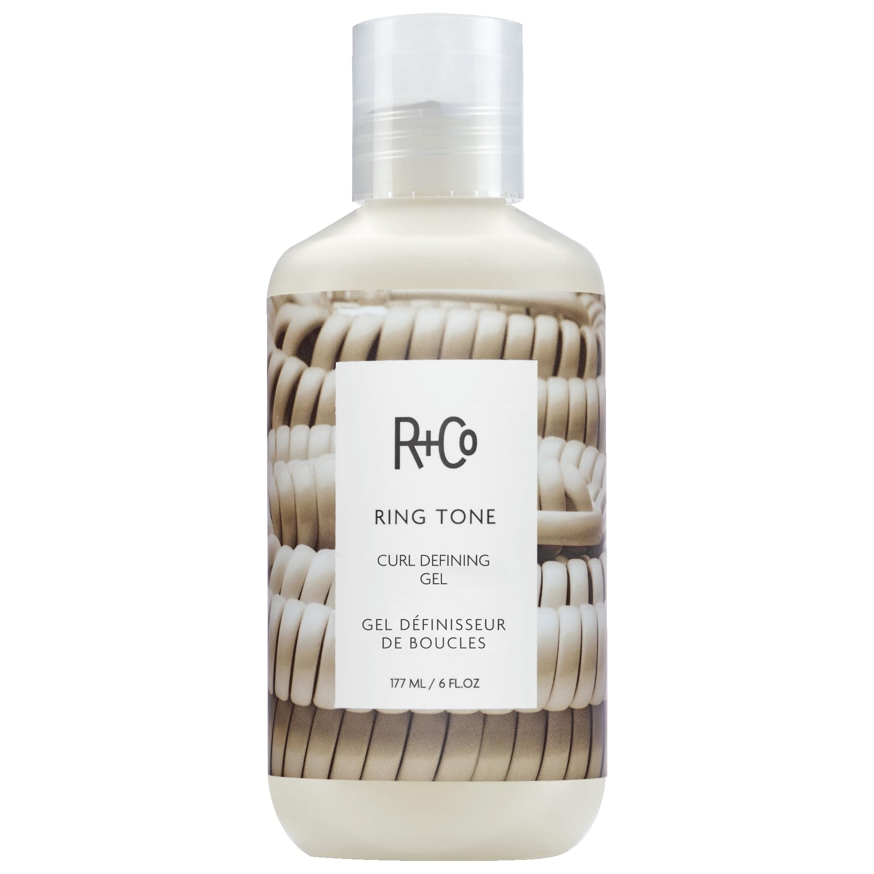 R+Co Ring Tone gel creme bottle showing curl-defining performance and shine