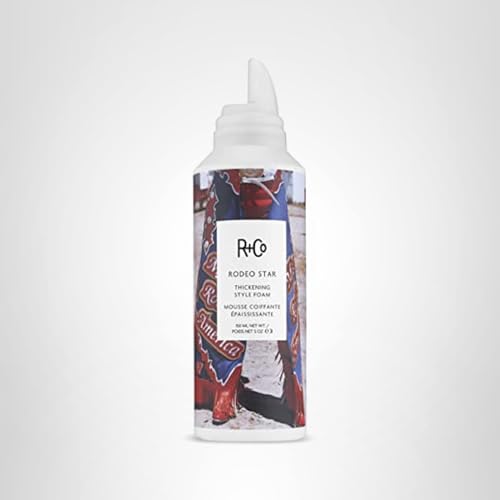 R+Co Rodeo Star Thickening Style Foam closeup shows fullness and moisture