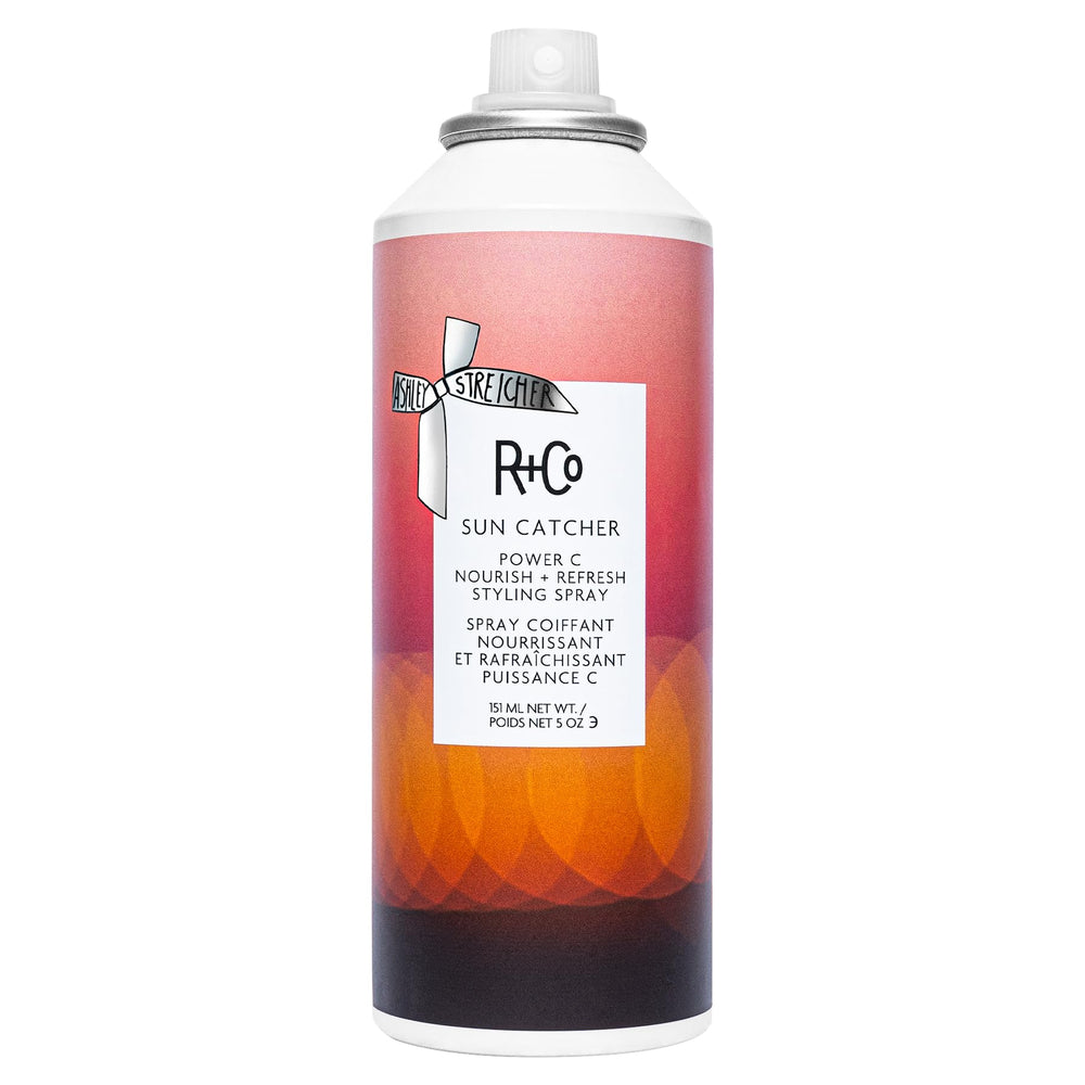 R+Co Sun Catcher bottle highlights protection from UV and heat while hydrating hair.