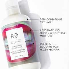 R+Co Television conditioner application on hair shows smoothing and detangling benefits.