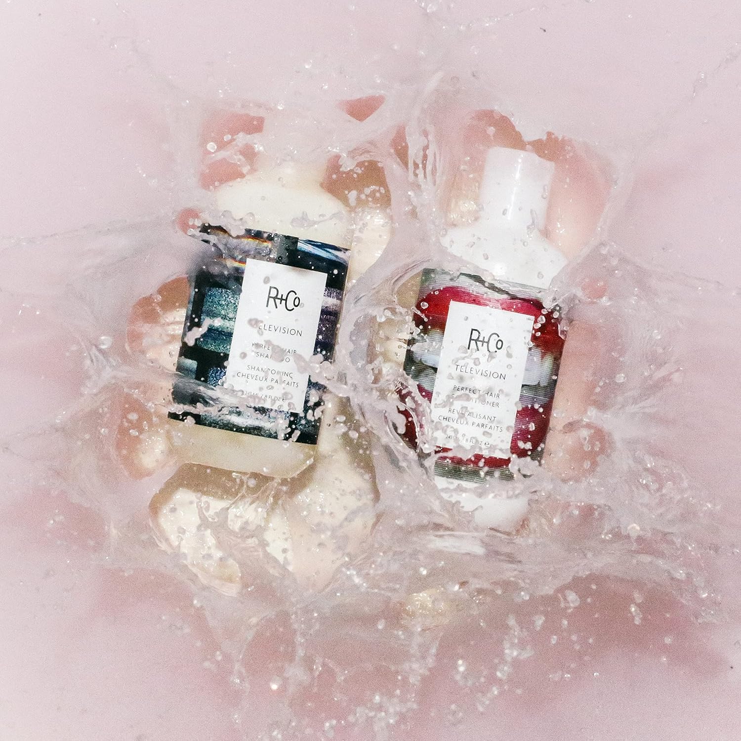 R+Co Television Perfect Hair Conditioner bottle highlighting detangling and volume support.