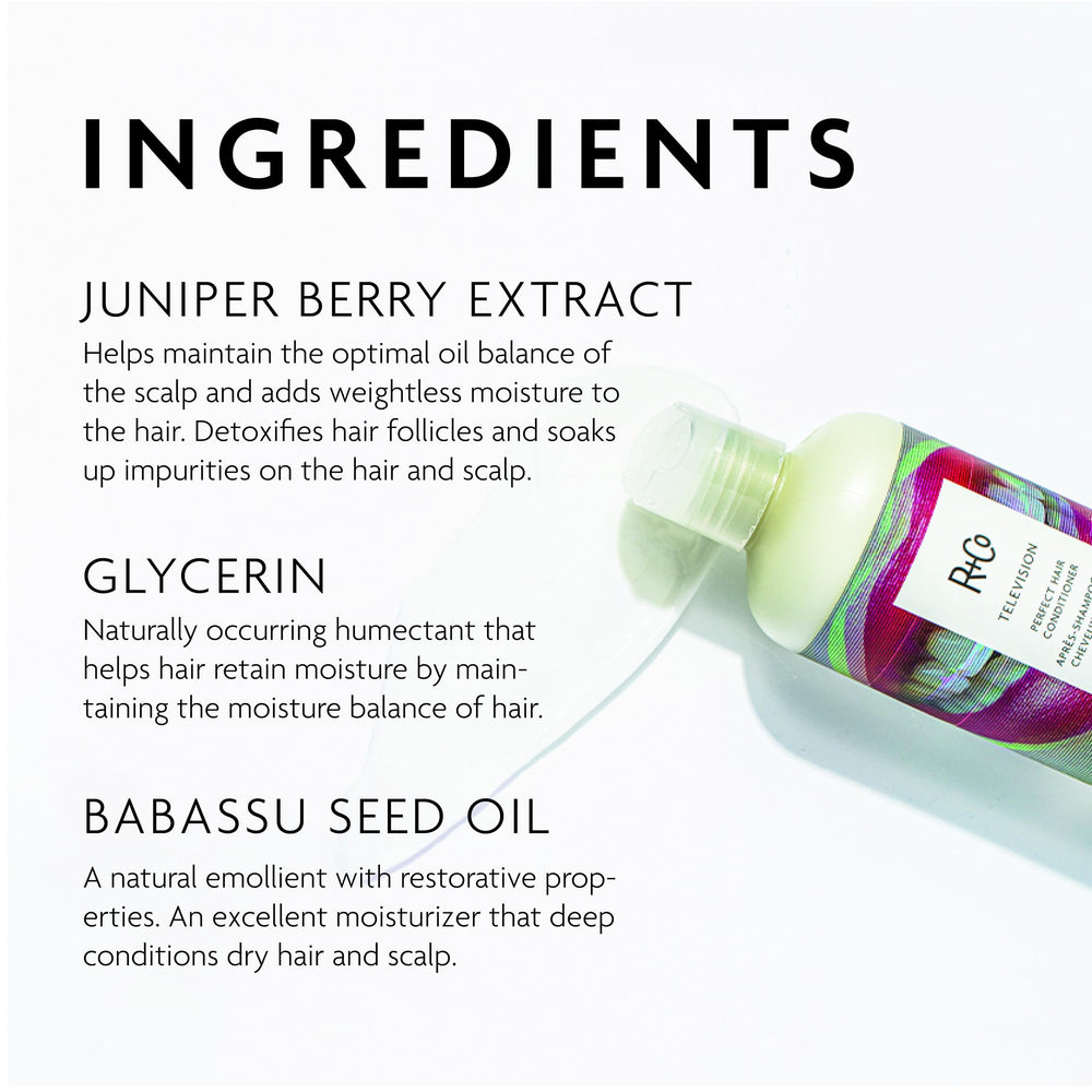 R+Co Television Perfect Hair Conditioner close-up reveals glossy shine and softness.